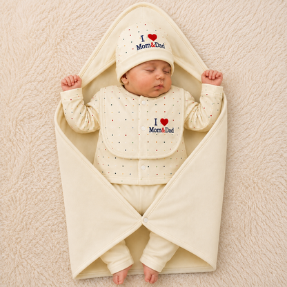 I love Mom & Dad Light Yellow Newborn Baby Baba Babies Cuddle Set 5 pcs