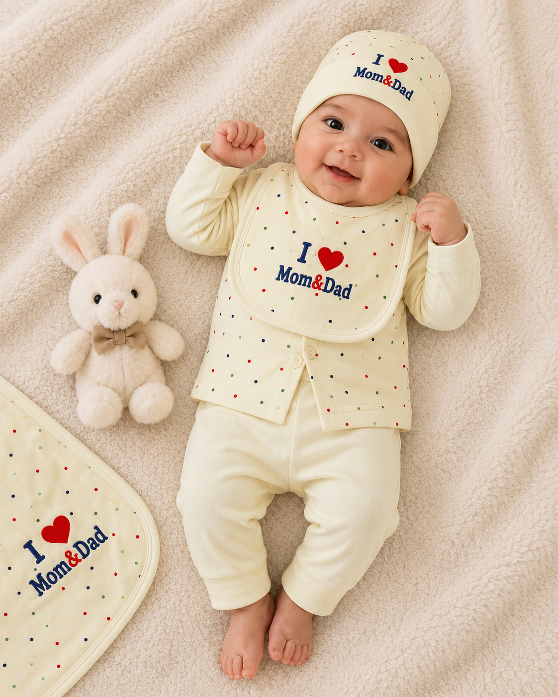 I love Mom & Dad Light Yellow Newborn Baby Baba Babies Cuddle Set 5 pcs