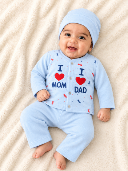 I Love Mom & Dad Light Blue Newborn Baby Baba Babies Cuddle Set 3 pcs